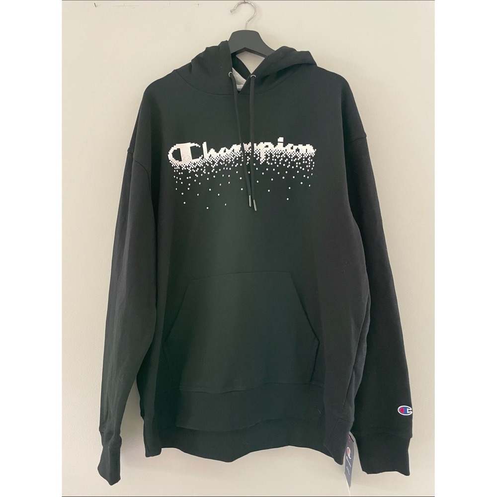 Champion Powerblend Black Pixelated Logo Graphic Hoodie Mens XL NWT